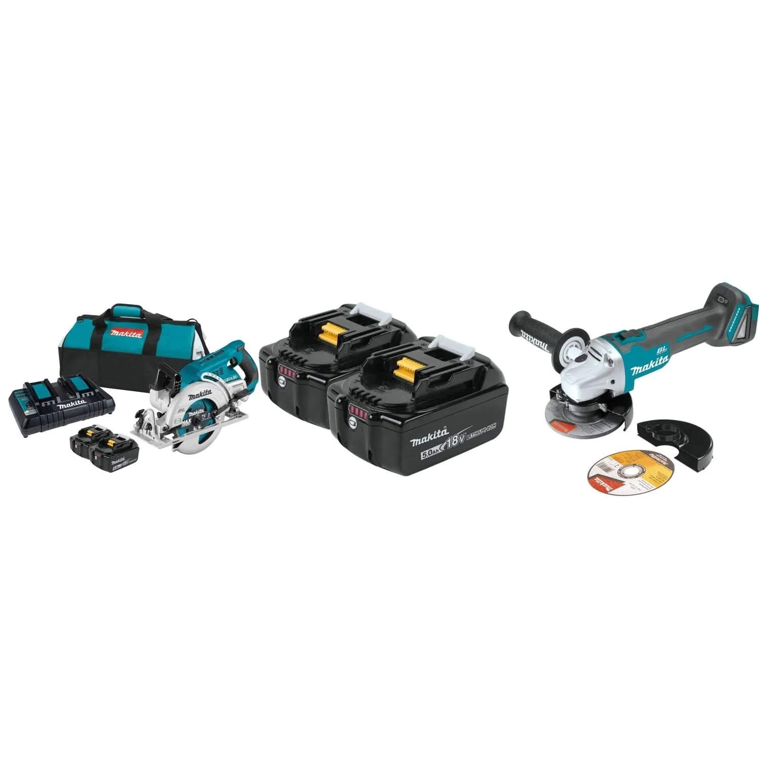 Makita 18V LXT X2 (36V) Rear Handle Circular Saw 5.0Ah Kit with Cordless Cut-Off/Angle Grinder 4-Pack Batteries - Image 1