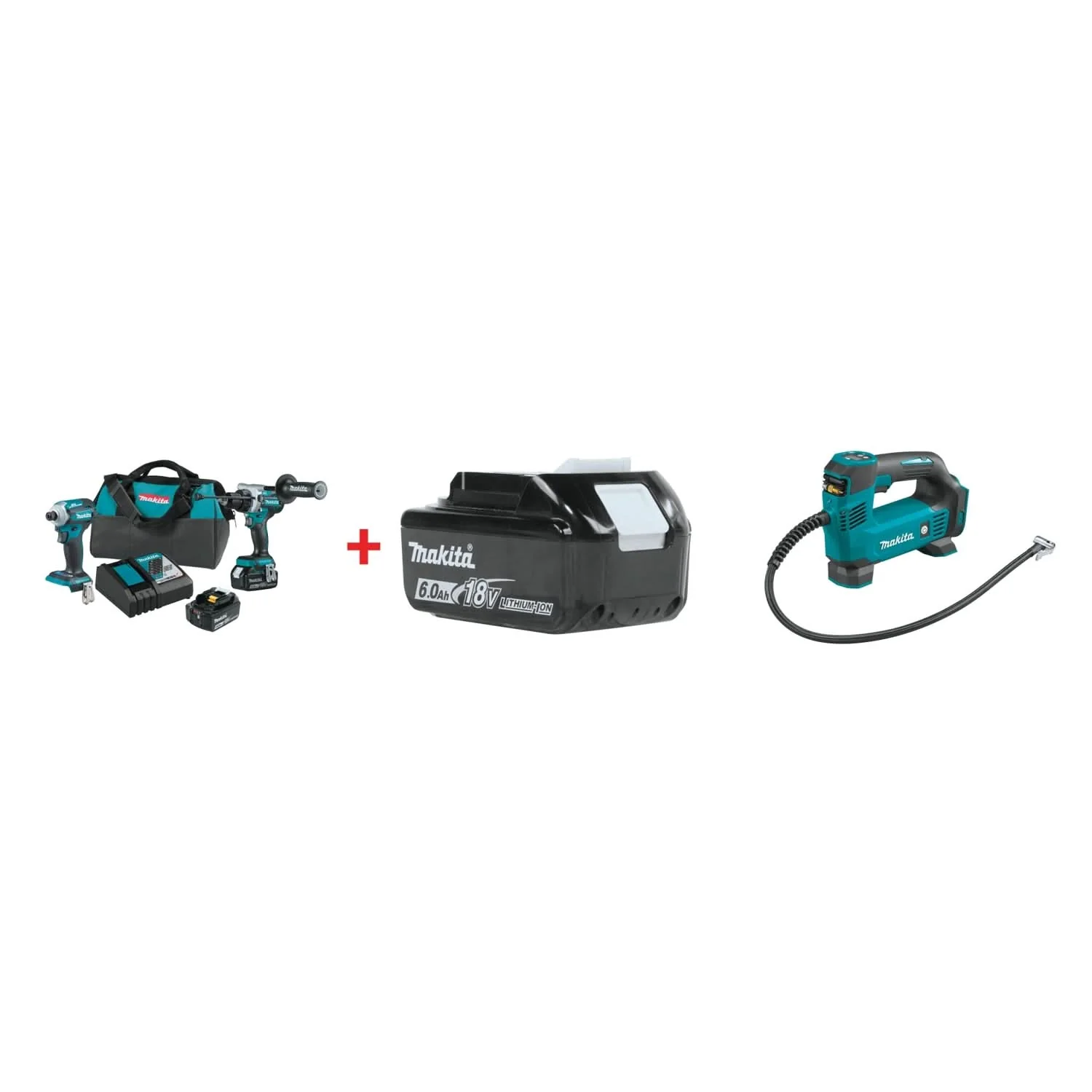 Makita 18V LXT Brushless Impact Driver, Hammer Drill, and Inflator 5.0Ah / 6.0Ah Combo Kit - Image 1