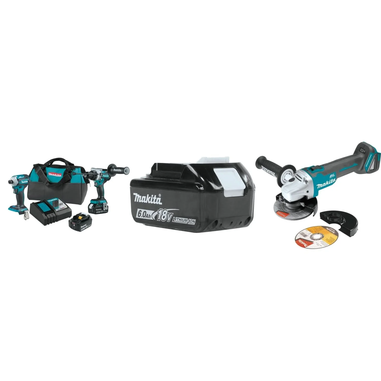 Makita 18V LXT Brushless Impact Driver, Hammer Drill, Cordless 4-1/2 / 5" Cut-Off/Angle Grinder Kit with Battery - Image 1