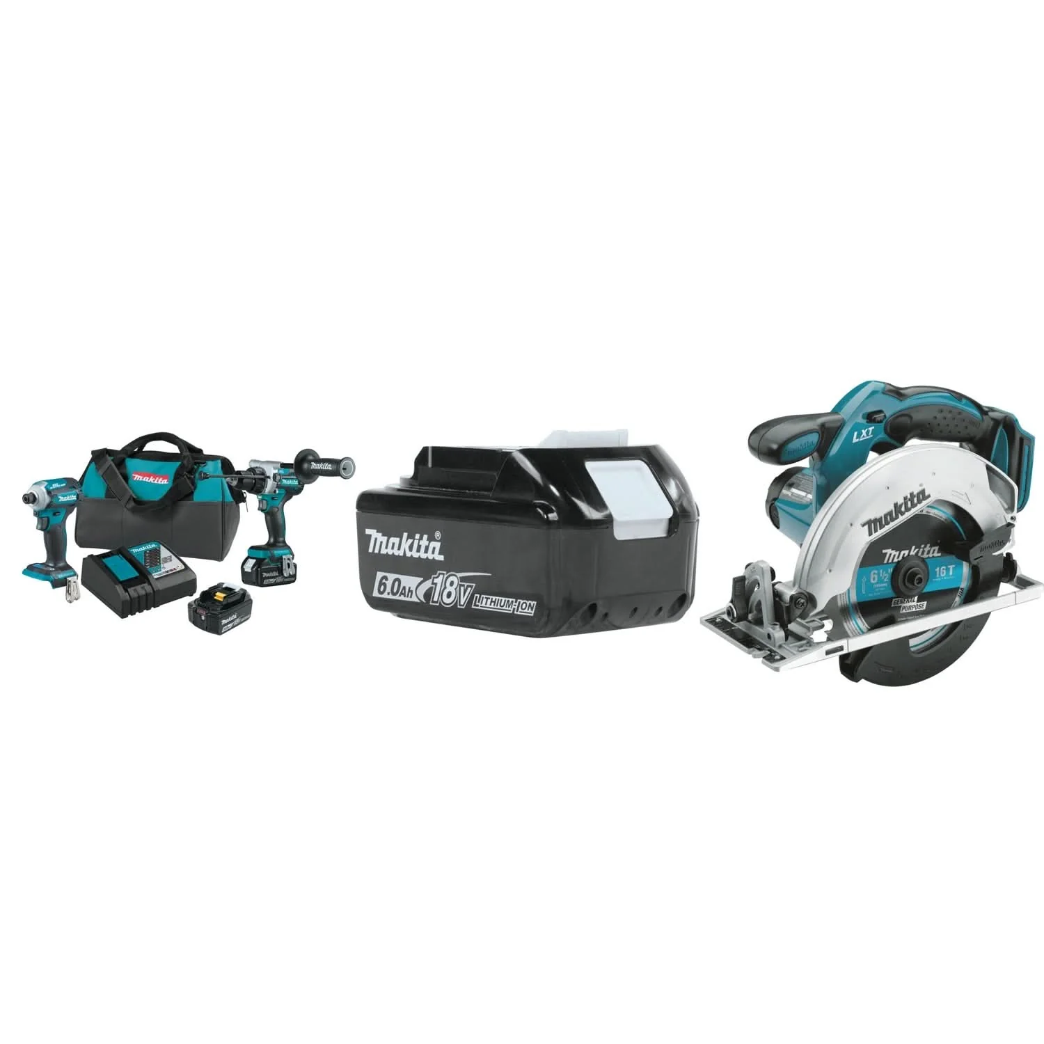 Makita 18V LXT Brushless Impact Driver, Hammer Drill, Cordless Circular Saw Kit with Battery - Image 1