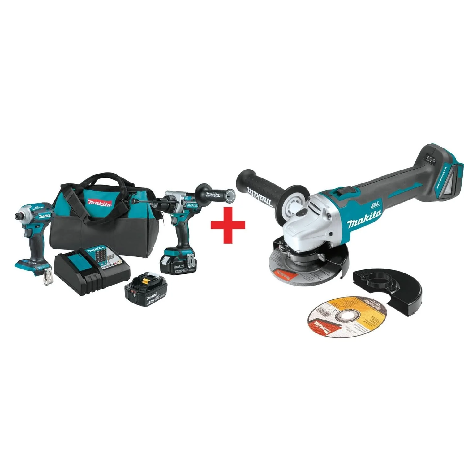 Makita 18V LXT Brushless Impact Driver, Hammer Drill and 4-1/2 / 5" Cut-Off/Angle Grinder 5.0Ah Combo Kit - Image 1