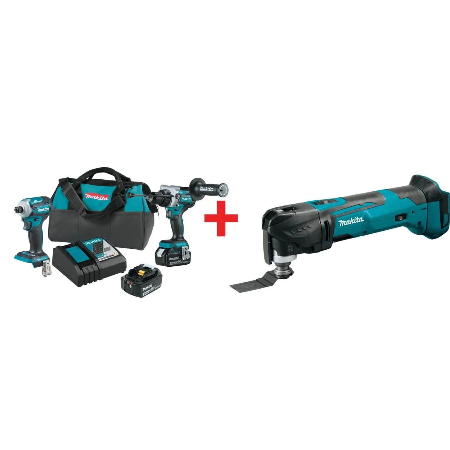 Makita 18V LXT Brushless Impact Driver, Hammer Drill and Multi-Tool 5.0Ah Combo Kit - Image 1