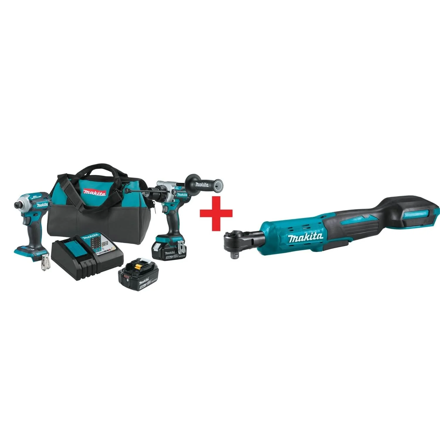 Makita 18V LXT Brushless Impact Driver, Hammer Drill and 3/8-Inch / 1/4-Inch Sq. Drive Ratchet 5.0Ah Combo Kit - Image 1