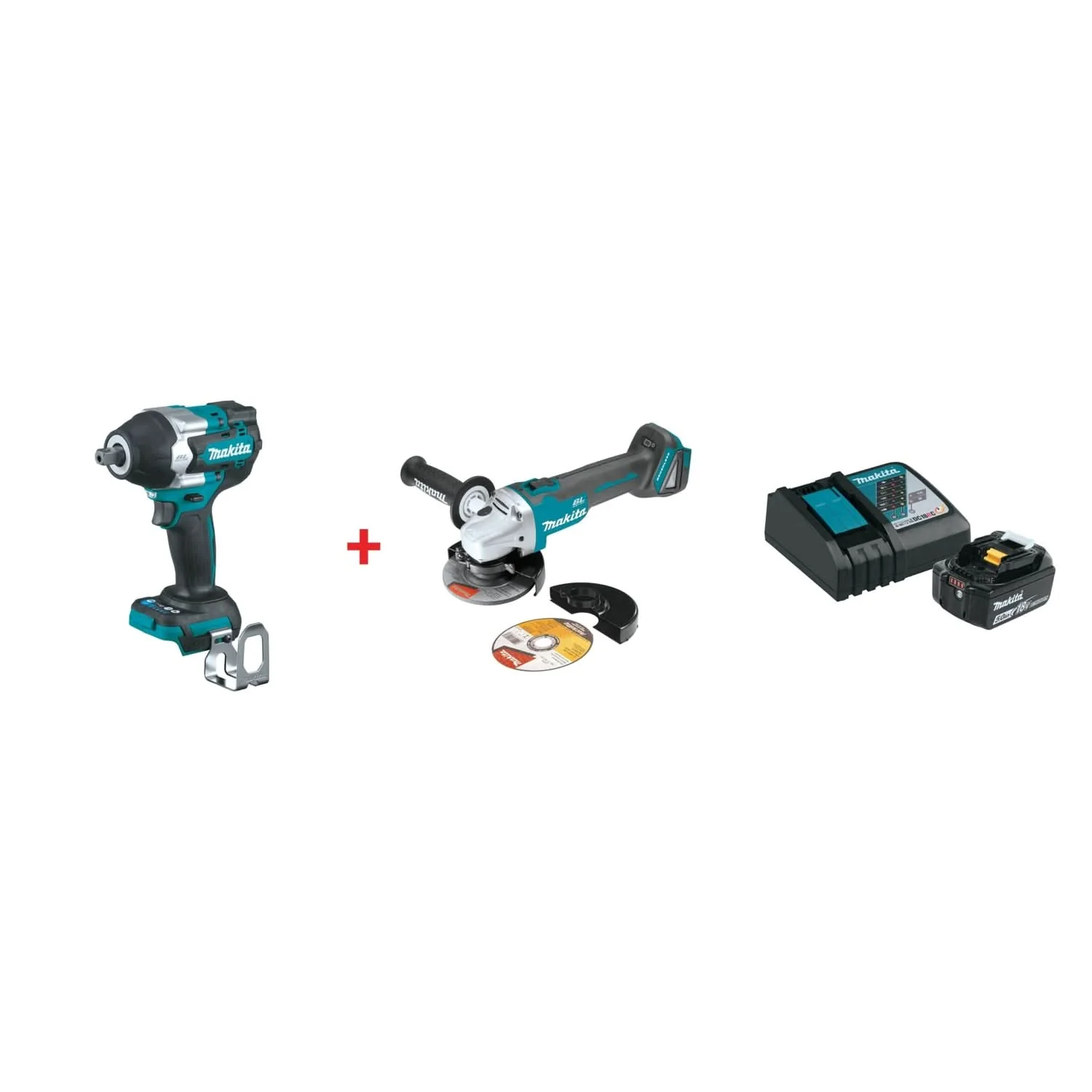 Makita 18V LXT Lithium-Ion Brushless Cordless 4-Speed Mid-Torque 1/2-Inch Sq. Drive Impact Wrench, 4-1/2 / 5" Cut-Off/Angle Grinder, and 18V 5.0Ah Battery and Charger Starter Pack - Image 1